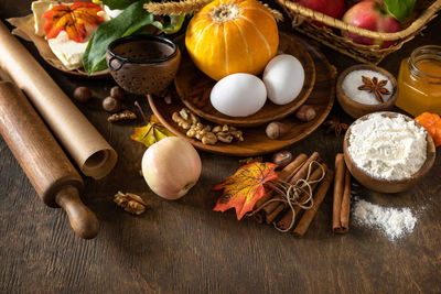 Seasonal food autumn baking background - ingredients for baking. 