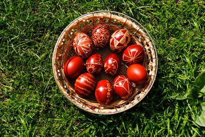 High angle view of mushrooms in basket