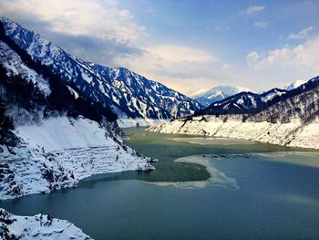 Scenic view of frozen lake by snowcapped mountains against sky