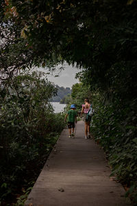 Rear view of man walking on footpath