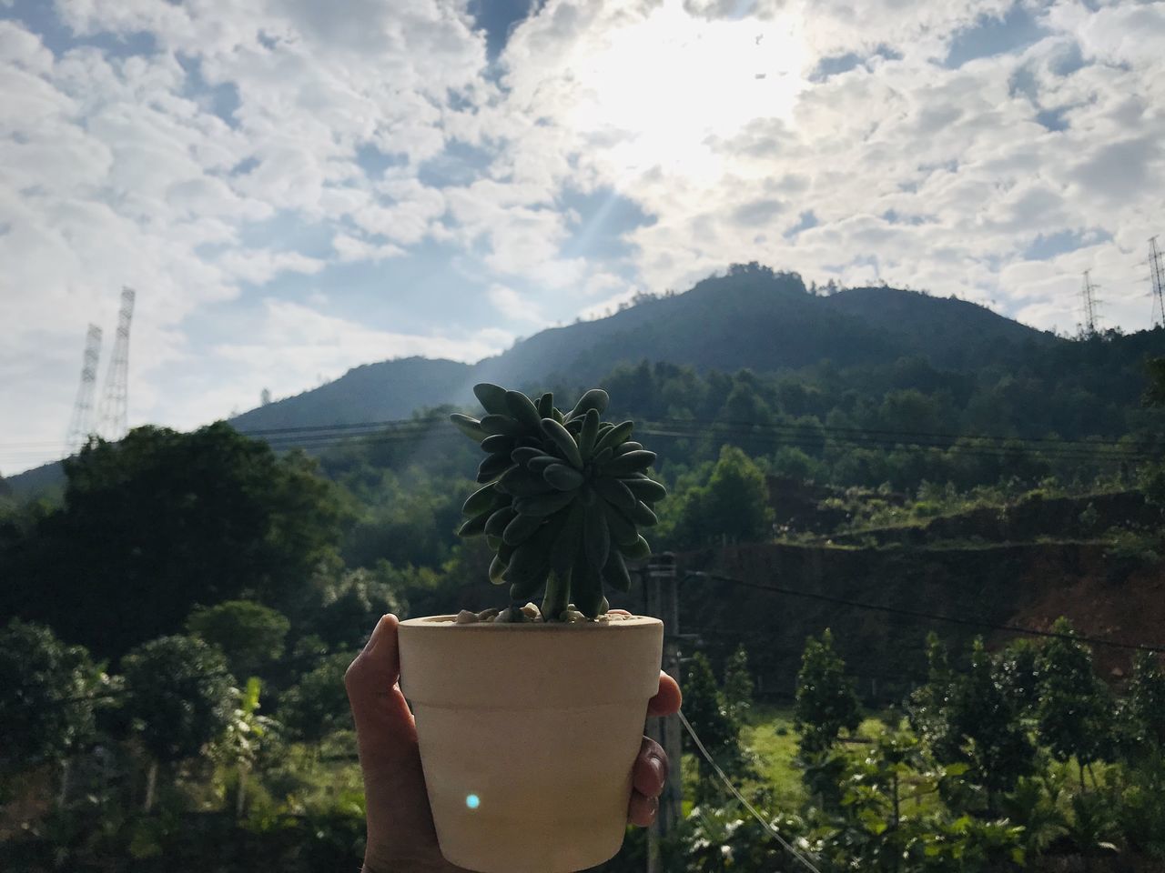 PERSON HOLDING UMBRELLA AGAINST MOUNTAINS