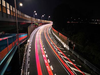 High angle view of light trails on road at night