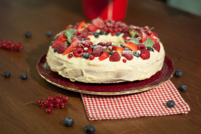 Close-up of dessert served on table