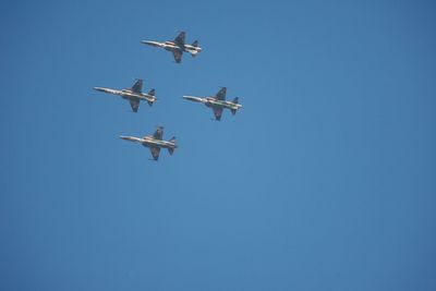 Low angle view of airplanes flying against clear blue sky