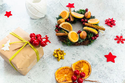 High angle view of fruits served on table