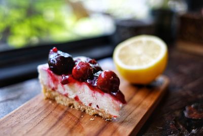 Close-up of dessert served on table