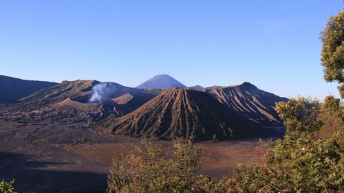 Panoramic view of arid landscape against clear sky