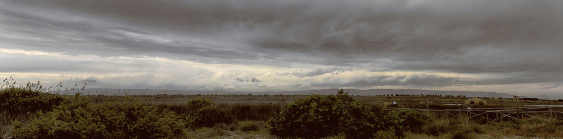 Scenic view of field against cloudy sky