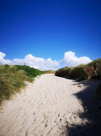 Scenic view of beach against blue sky