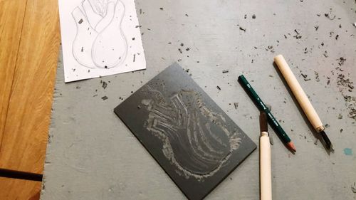 High angle view of pencil on table