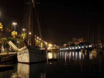 Boats moored at night