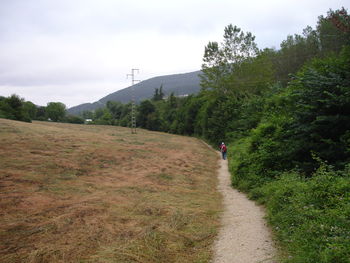 Footpath on grassy field against cloudy sky