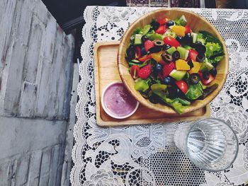 High angle view of fruits in bowl on table