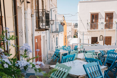 High angle view of empty chairs on table