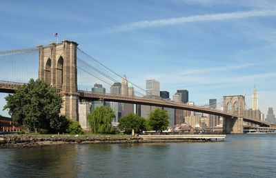 Bridge over river with city in background