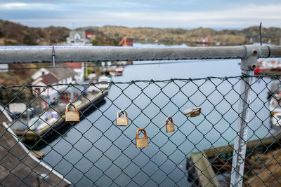 Padlocks on railing by river seen through chainlink fence