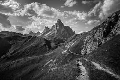 Panoramic view of road and mountains against sky