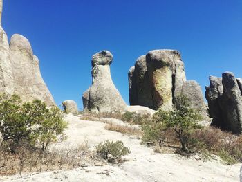 Low angle view of rock formation against clear blue sky