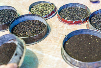 High angle view of spices for sale in market