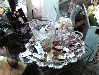 High angle view of wicker basket on table