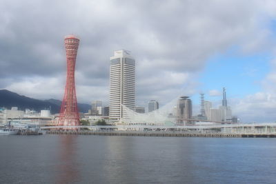 View of city buildings against cloudy sky