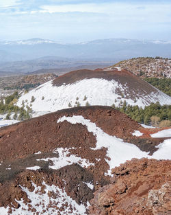 Scenic view of snow covered land against sky