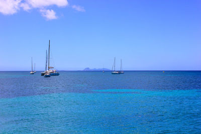 Sailboats sailing in sea against blue sky