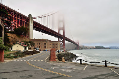 View of suspension bridge against cloudy sky