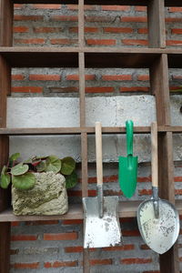 Potted plant on shelf against brick wall