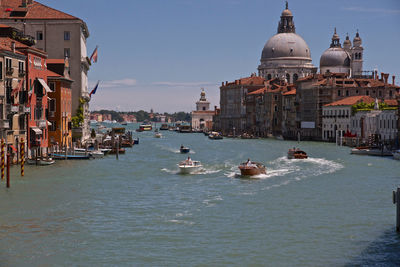 View of boats in city