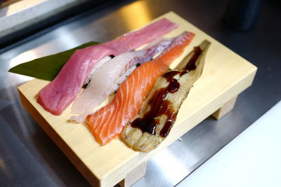 Close-up of sushi served on table