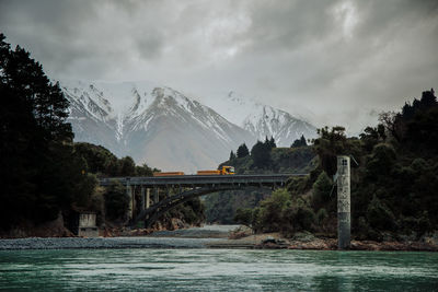 Scenic view of river by snowcapped mountains against sky