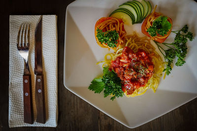 High angle view of food on table