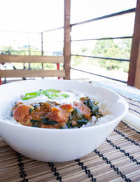 Close-up of food served on table