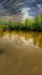 Scenic view of lake against cloudy sky