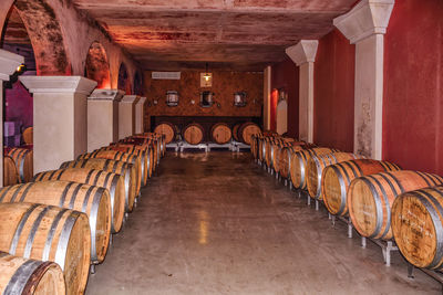 Wine barrels in warehouse