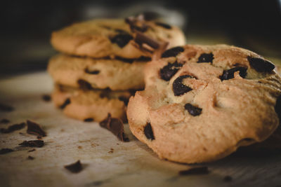 Close-up of cookies on wooden background
