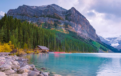 Scenic view of lake and mountains against sky