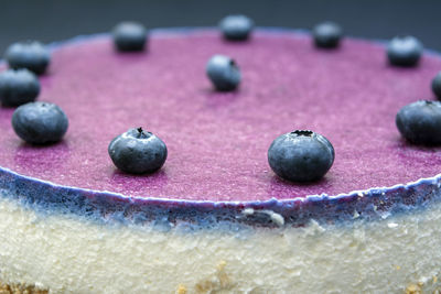 Unbaked blueberry cheesecake on an empty space with close ups