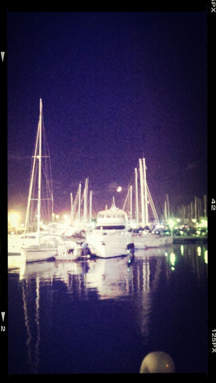 water, nautical vessel, transportation, transfer print, night, clear sky, boat, mode of transport, moored, copy space, auto post production filter, sea, illuminated, waterfront, reflection, harbor, mast, sailboat, blue, river