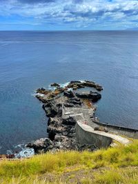 High angle view of sea shore against sky