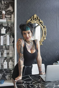 A portrait of a young woman in a hair salon.
