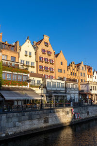 Buildings by river against clear blue sky in city