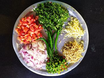 High angle view of chopped vegetables in bowl