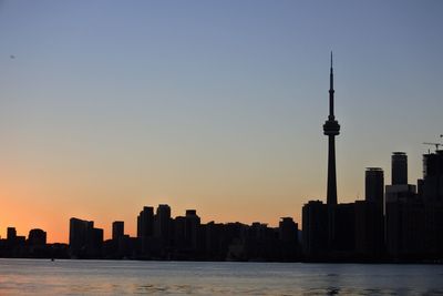 City at waterfront during sunset