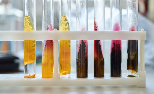 Close-up of multi colored bottles on table