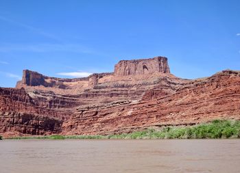 Scenic view of rock formations against blue sky