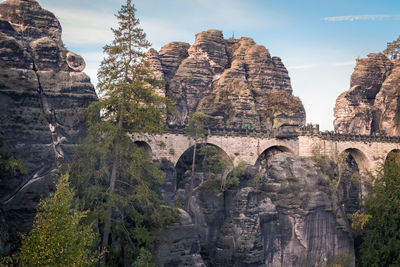 View of trees and rocks against sky