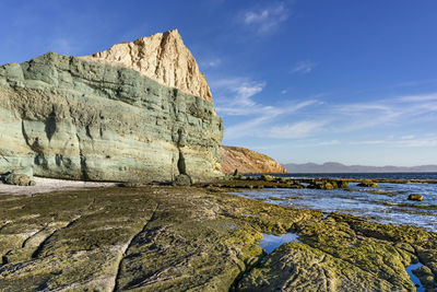 Rock formations by sea against sky