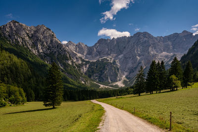 Road amidst trees and mountains against sky